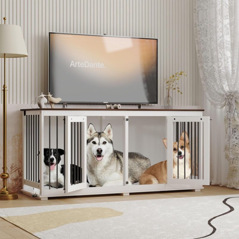 Lovinouse Furniture Style Dog Crate with Double Rooms, 63" Wooden Dog Kennel with Removable Divider, Dog House TV Entertaiment Center for Small Medium Dogs (White) - Image 2