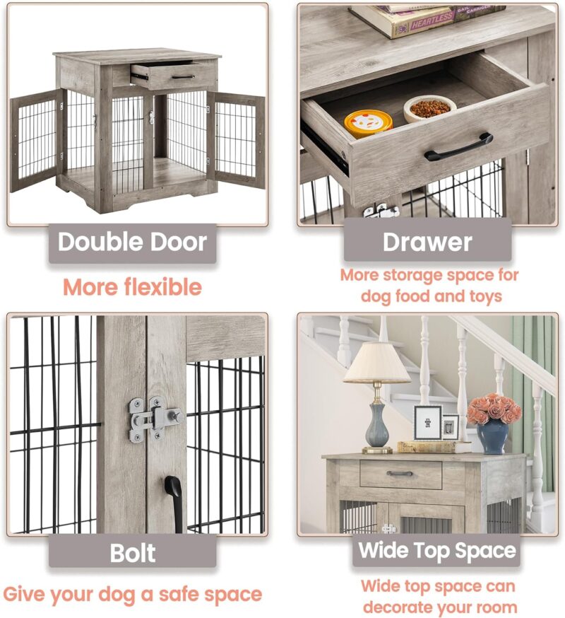 Dog Crate Furniture, 30 inch Wooden Dog Kennel with Storage Drawer and Double Doors, Heavy Duty Indoor Dog House for Small Medium Dogs, Chew-Resistant Dog Cage End Table, Grey - Image 4