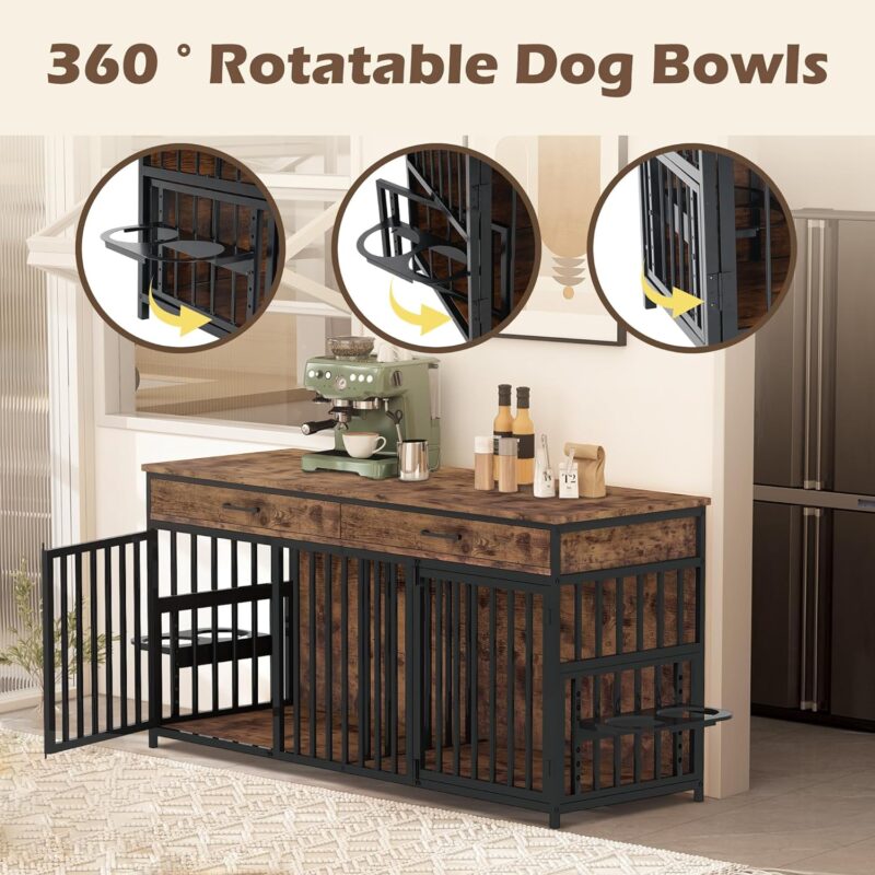 WAYTRIM Double Dog Crate Furniture Indoor Large Heavy Duty Wooden Dog Kennel with 360 °Rotatable Dog Bowlsand 2 Drawers TV Stand dog crate for 2 Dogs,71.6" Lx23.6 Wx34 H,Brown - Image 4