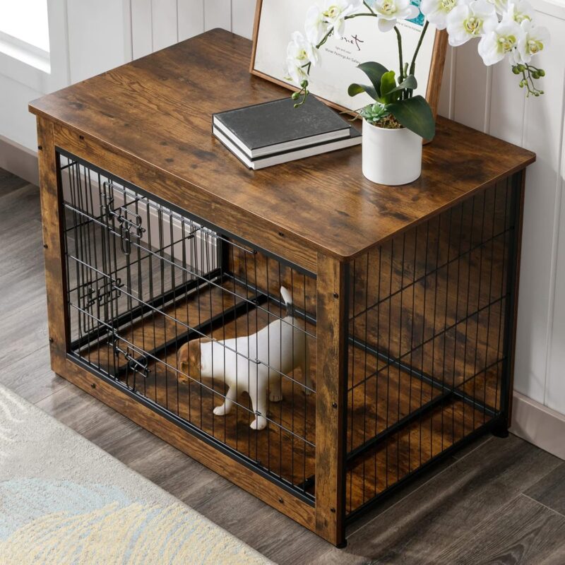 43” Dog Crate Furniture, Wooden Dog Kennel Indoor, Double Door Furniture Style Dog Cage with End Table, Removable Tray for Medium/Large Dogs - Image 2