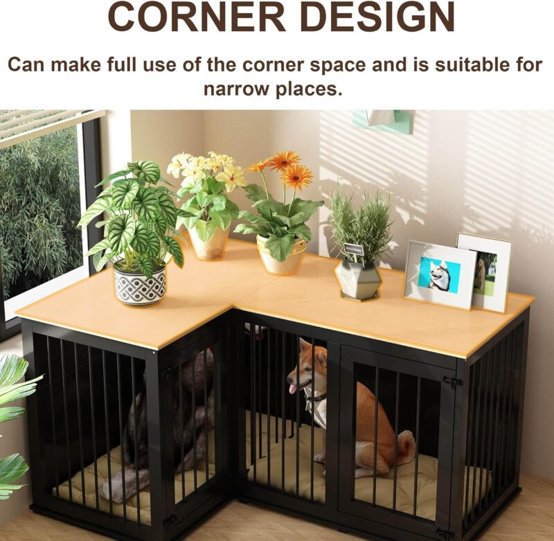 Lovinouse Corner Dog Crate Furniture for 2 Dogs, Indoor Wooden Furniture Style Heavy Duty Large Dog Kennel House with Double Rooms & Divider for Large & Medium Dogs, Black - Image 5