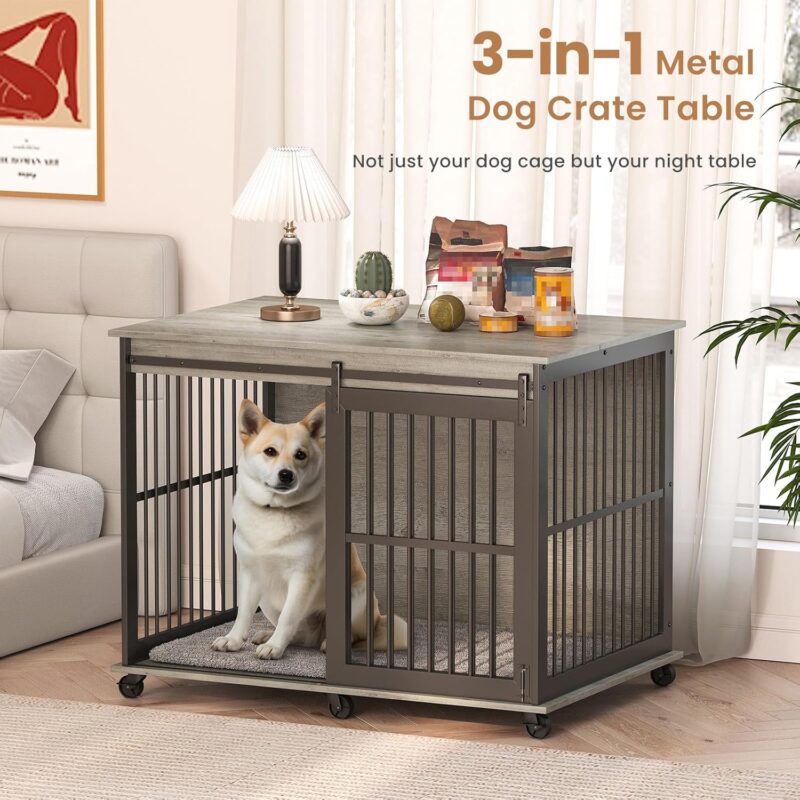 43.7'' Dog Crate Furniture with Cushion for Medium to Large Pets, Wooden Cage End Table, Heavy Duty Indoor Puppy Kennel with Flip-up Top and Sliding Door, Grey - Image 3