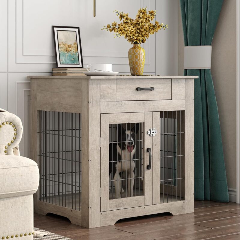 Dog Crate Furniture, 30 inch Wooden Dog Kennel with Storage Drawer and Double Doors, Heavy Duty Indoor Dog House for Small Medium Dogs, Chew-Resistant Dog Cage End Table, Grey - Image 5