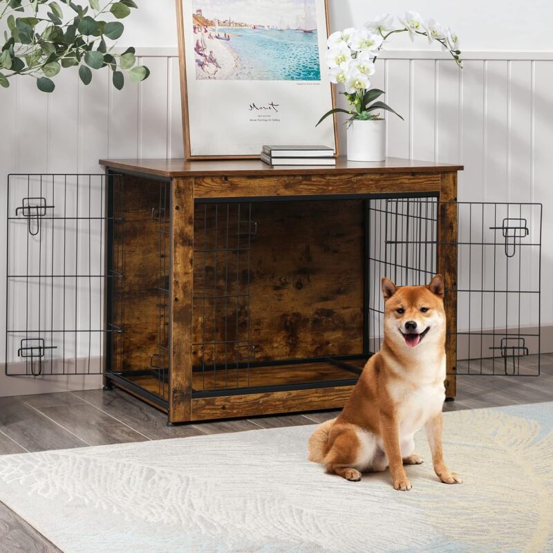 43” Dog Crate Furniture, Wooden Dog Kennel Indoor, Double Door Furniture Style Dog Cage with End Table, Removable Tray for Medium/Large Dogs - Image 3