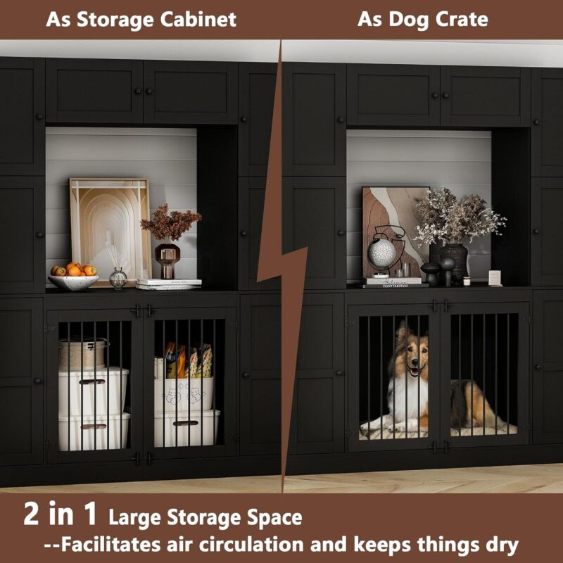 Lovinouse Dog Crate Furniture with Storage Shelves for Large Medium Breed Dogs, 78.7 Inch Tall Indoor Dog Kennel House, Furniture Style Dog Crate Storage Cabinet, Black - Image 7