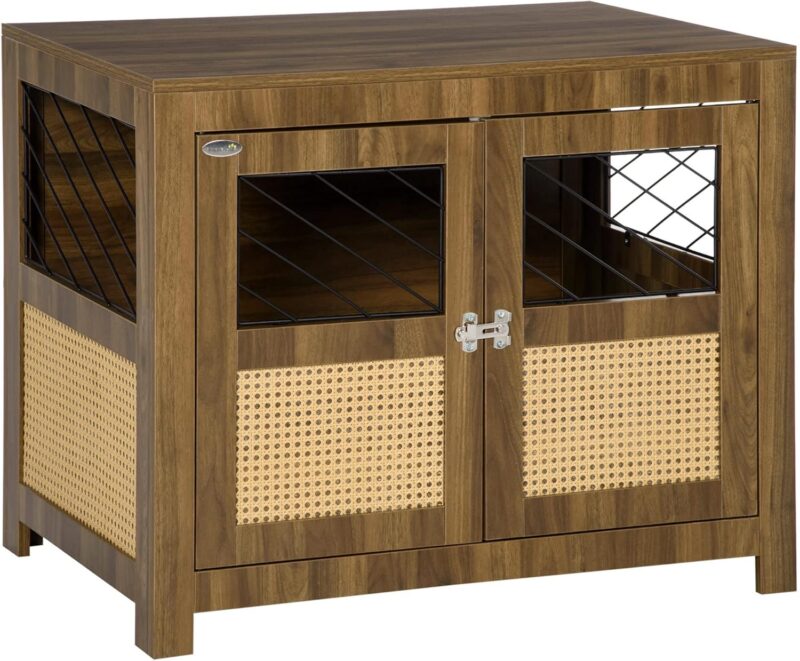 PawHut Dog Crate Furniture with Soft Cushion, Dog Crate End Table with Rattan Decoration, Small to Medium Sized Dog Kennel Furniture Indoors with Large Entrance, Walnut