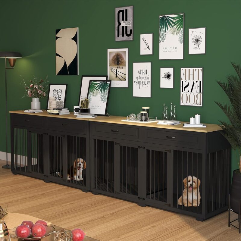 Lovinouse Furniture Style Dog Crate with Double Room, Wooden Dog Kennel with Double Doors and Removable Divider, Dog House Side End Table for Small Medium Large X-Large Dogs(Black + Wood) - Image 7