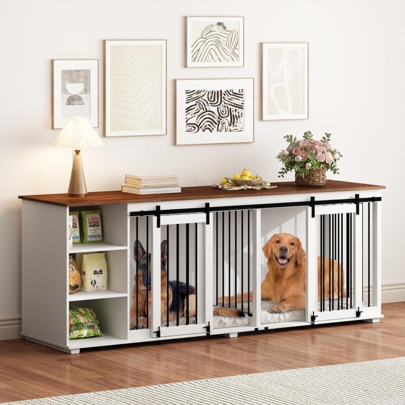 Large Double Dog Crate Furniture, 86.6" Wooden Dog Crate Kennel Furniture with Sliding Door, Storage Shelves and Divider, XXL Dog Crates Furniture for 2 Medium or Large Dogs Indoor, White