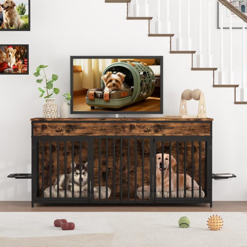 WAYTRIM Double Dog Crate Furniture Indoor Large Heavy Duty Wooden Dog Kennel with 360 °Rotatable Dog Bowlsand 2 Drawers TV Stand dog crate for 2 Dogs,71.6" Lx23.6 Wx34 H,Brown