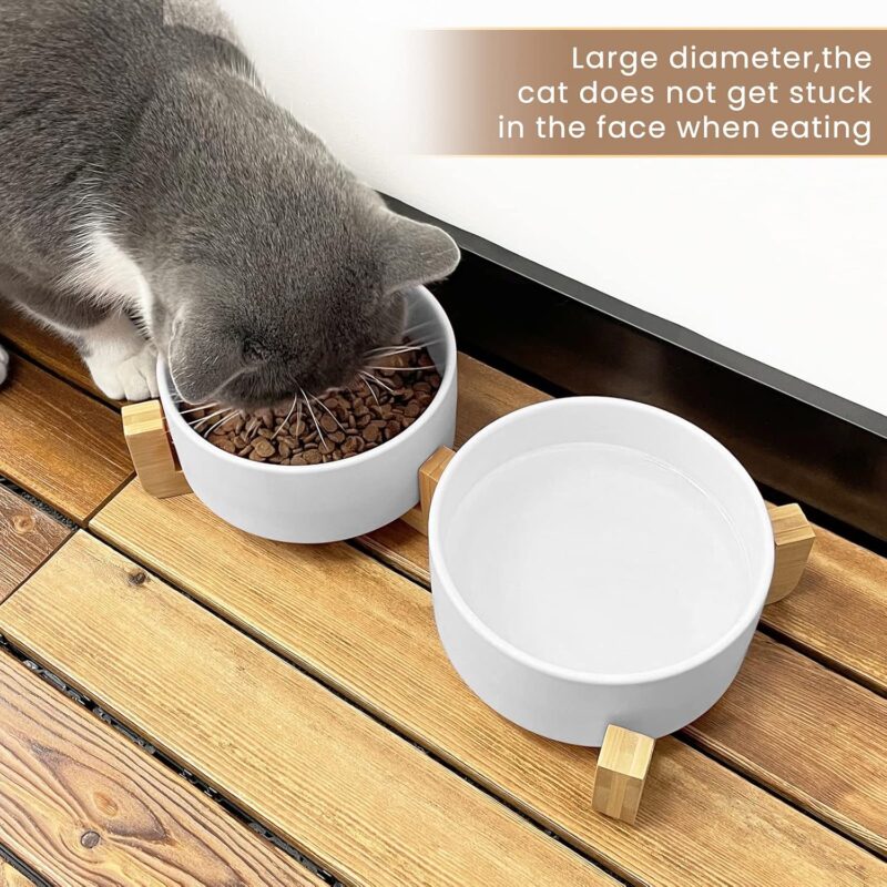 Ceramic Dog Bowl for Food and Water, Weighted Dog Bowls Set with Anti-Slip Wooden Stand, 400ml/14OZ Dog Dish Bowl Suitable for Small, medium and Large Sized Pets, White - Image 8