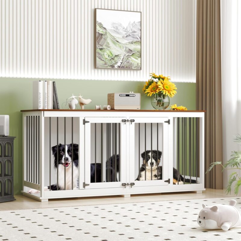 Lovinouse Furniture Style Dog Crate with Double Rooms, 63" Wooden Dog Kennel with Removable Divider, Dog House TV Entertaiment Center for Small Medium Dogs (White)