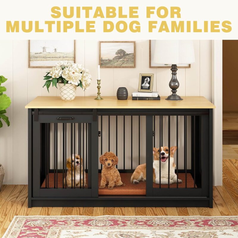 Furniture Style Dog Crate for Large Medium Breed Dogs, Indoor Heavy Duty Dog Kennel House with Sliding Doors, Rustic Dog Crate Furniture Side End Table TV Stand, 55 Inch, Black - Image 4