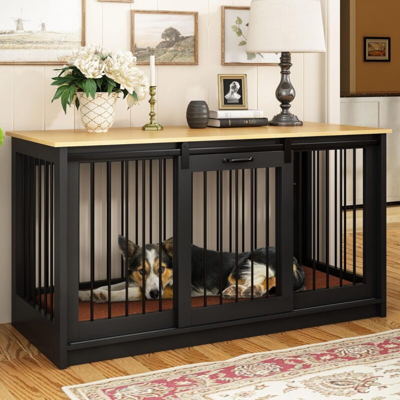 Furniture Style Dog Crate for Large Medium Breed Dogs, Indoor Heavy Duty Dog Kennel House with Sliding Doors, Rustic Dog Crate Furniture Side End Table TV Stand, 55 Inch, Black - Image 7