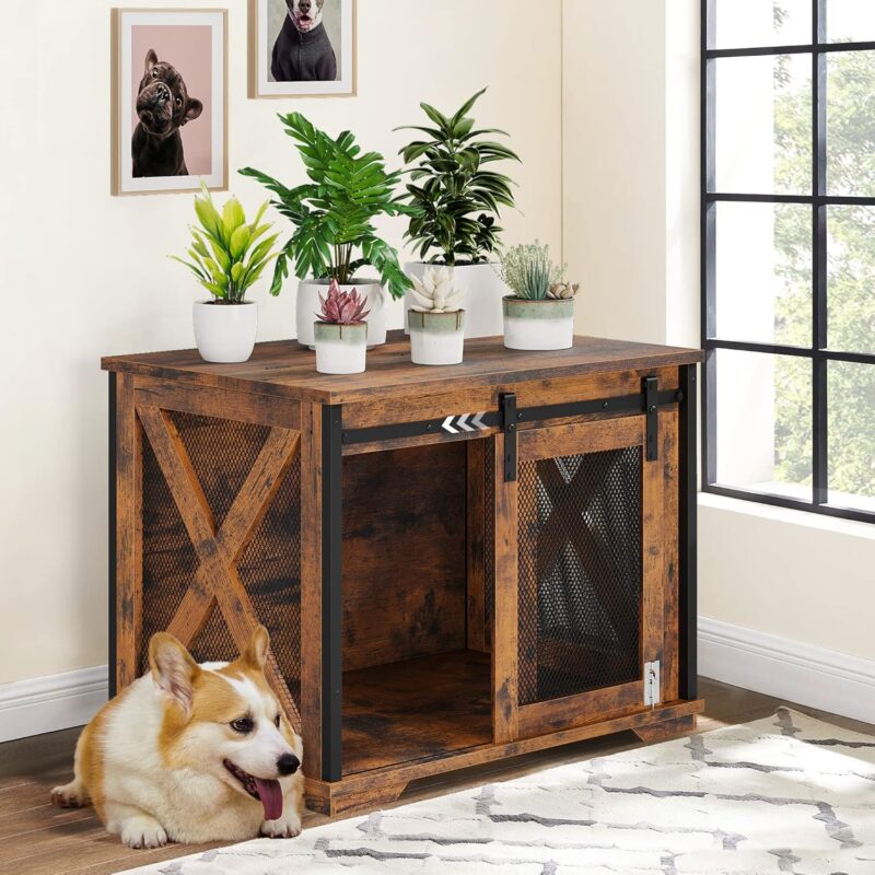 IDEALHOUSE 37'' Sliding Barn Door Dog Crate Furniture with Flip Top and Movable Divider, Wooden Dog Crate Table, Dog Kennel Side End Table, Rustic Brown - Image 6