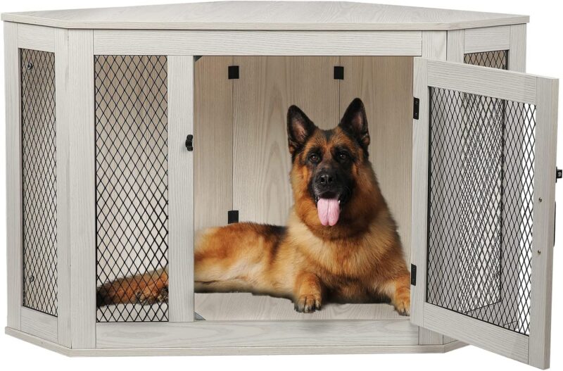 OFIKA Corner Dog Crate Furniture, Wooden Corner Dog Kennel Side End Table with Metal Mesh,Indoor Pet Crates Corner Side Table for Small Medium Large Dogs (White, 23.6" D x 44" W x 26.4" H)