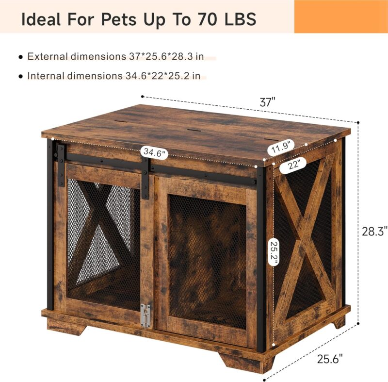 IDEALHOUSE 37'' Sliding Barn Door Dog Crate Furniture with Flip Top and Movable Divider, Wooden Dog Crate Table, Dog Kennel Side End Table, Rustic Brown - Image 5