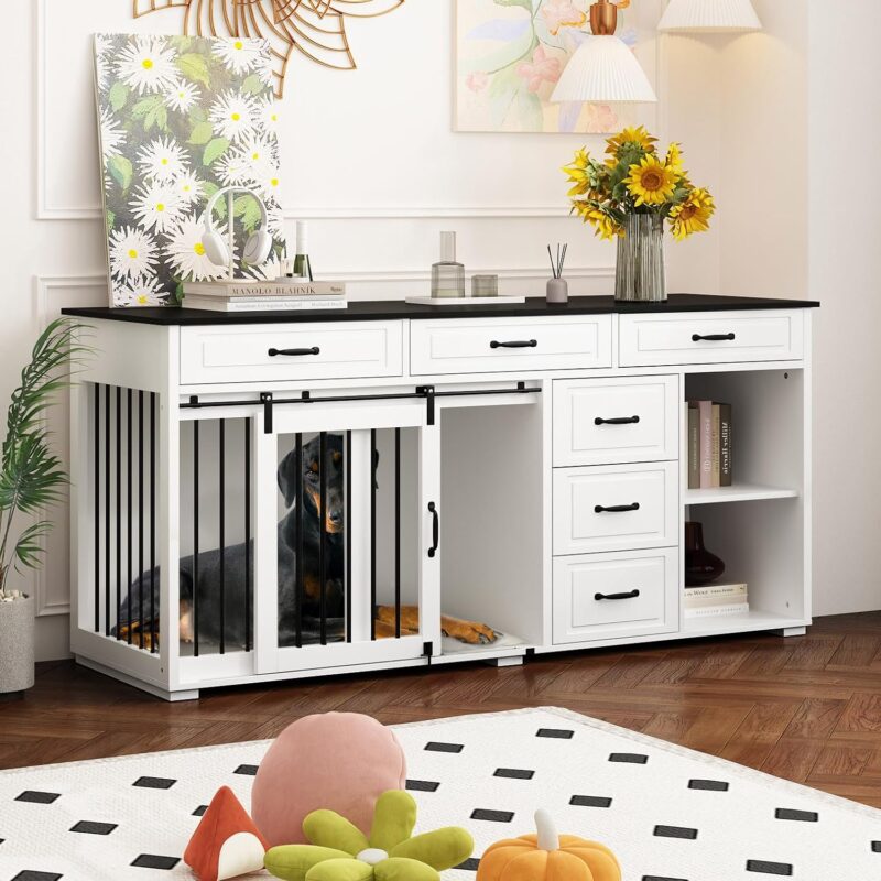 Extra Large Funiture Style Dog Crate with Drawers & Shelves, 72.5" Luxury Wooden Heavy Duty Single Room Dog Kennel Furniture w/Sliding Door, Indoor Dog House TV Stand, White