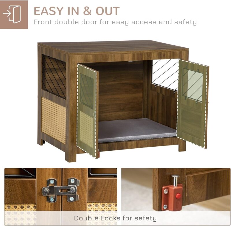 PawHut Dog Crate Furniture with Soft Cushion, Dog Crate End Table with Rattan Decoration, Small to Medium Sized Dog Kennel Furniture Indoors with Large Entrance, Walnut - Image 5