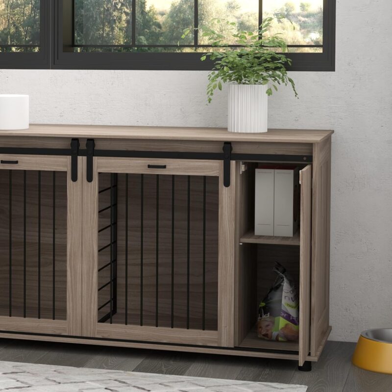 PawHut Dog Crate Furniture with Removable Divider for 2 Small Dogs or 1 Large Dog, 71" Modern Dog Kennel Furniture End Table with Storage, Double Doors, Walnut - Image 9