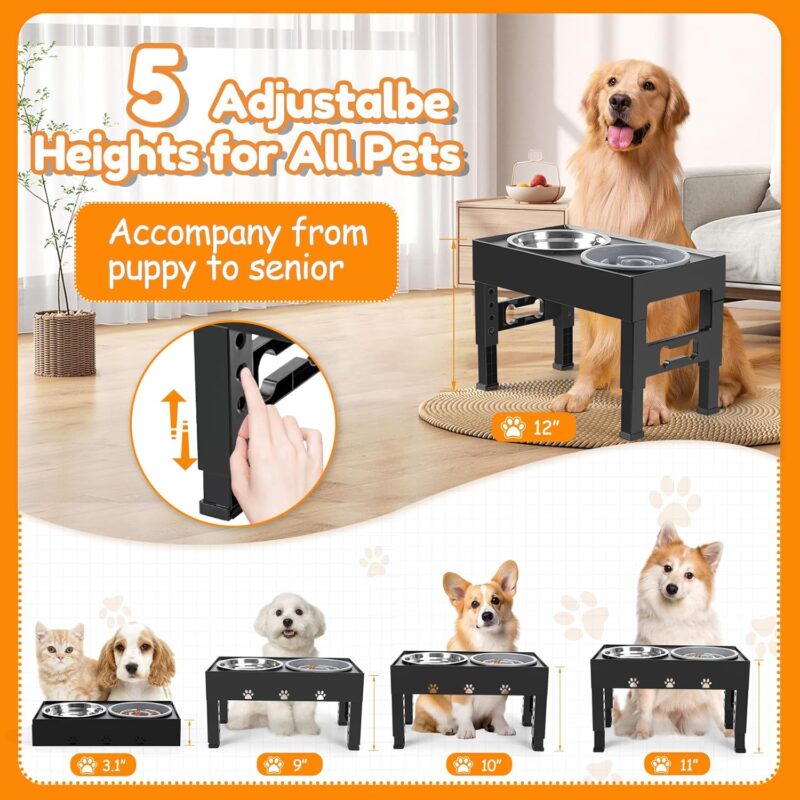 Elevated Dog Bowls with 1 Slow Feeder and 2 Stainless Steel Bowls 5 Heights Adjustable Raised Dog Bowl Stand for Medium Large Dogs,Non-Slip Dog Feeder Adjusts to 3.1”, 9”, 10”, 11”, 12” - Image 2