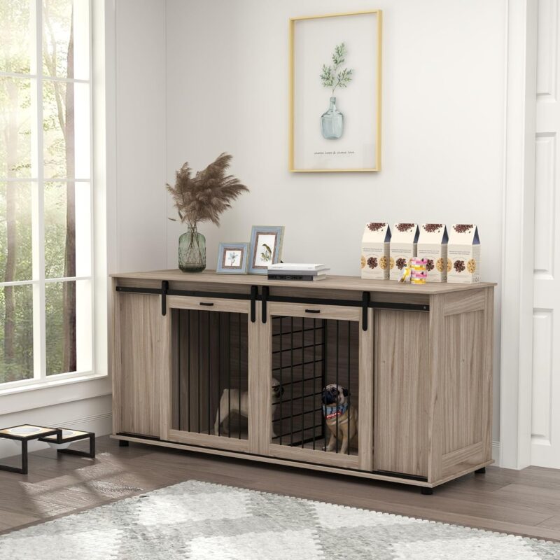 PawHut Dog Crate Furniture with Removable Divider for 2 Small Dogs or 1 Large Dog, 71" Modern Dog Kennel Furniture End Table with Storage, Double Doors, Walnut - Image 2