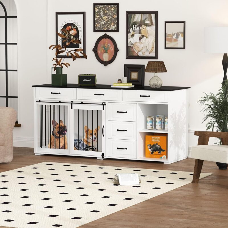 Extra Large Funiture Style Dog Crate with Drawers & Shelves, 72.5" Luxury Wooden Heavy Duty Single Room Dog Kennel Furniture w/Sliding Door, Indoor Dog House TV Stand, White - Image 6