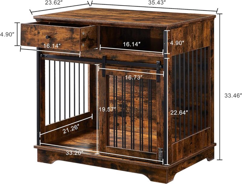 Dog Crate Furniture with Sliding Barn Door, 35" Wooden Dog Kennel for Small Medium Dog, Rustic Style Decorative Dog Cage with Drawers and Storage Shelf, Easy Assembly (Rustic Brown) - Image 9