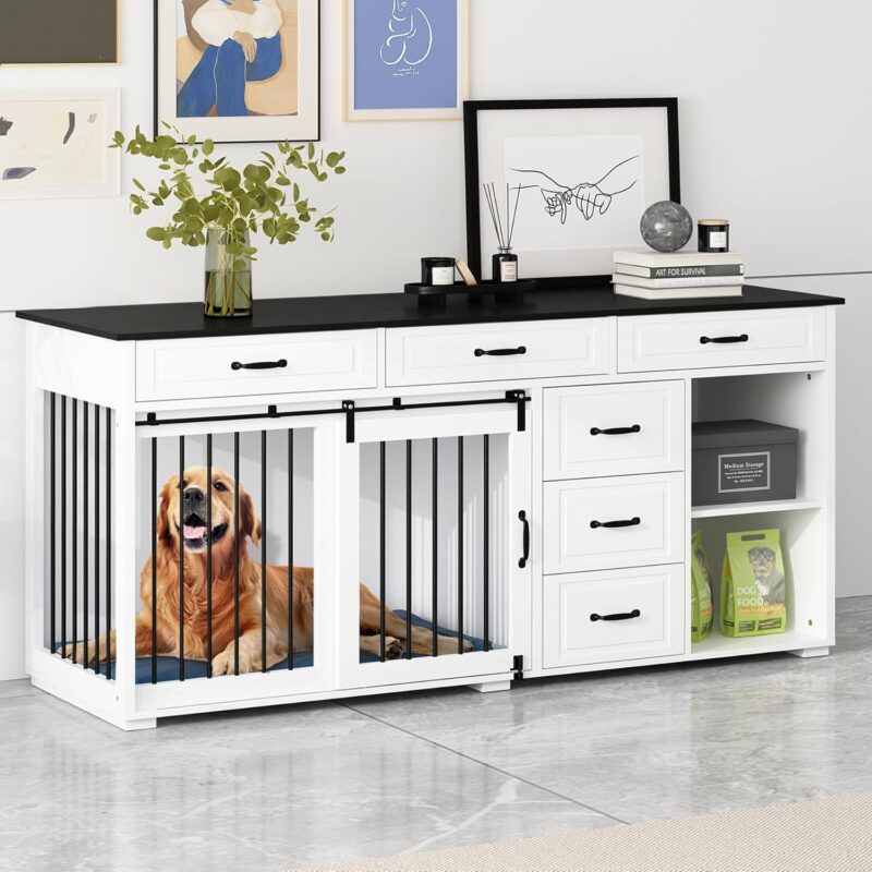 Large Dog Crate Furniture, 72.5" Wooden Dog Crates Kennel Furniture with Sliding Door, Storage Shelves and Drawers for Small, Medium and Large Dog, White+Black Tabletop