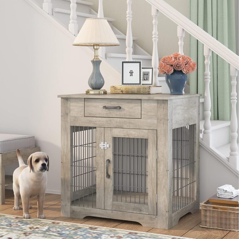 KIVENJAJA Furniture Style Dog Crate End Table for Small to Medium Dogs, Wooden Dog Kennel with Drawer & Double Doors, Decorative Dog House Pet Cage Indoor Use, Weathered Grey - Image 2