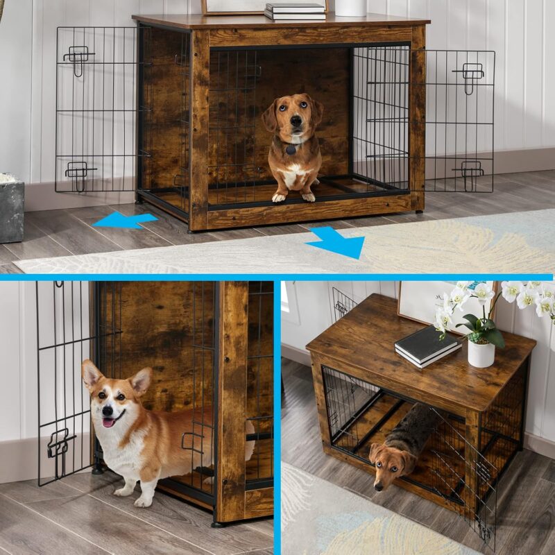 43” Dog Crate Furniture, Wooden Dog Kennel Indoor, Double Door Furniture Style Dog Cage with End Table, Removable Tray for Medium/Large Dogs - Image 4