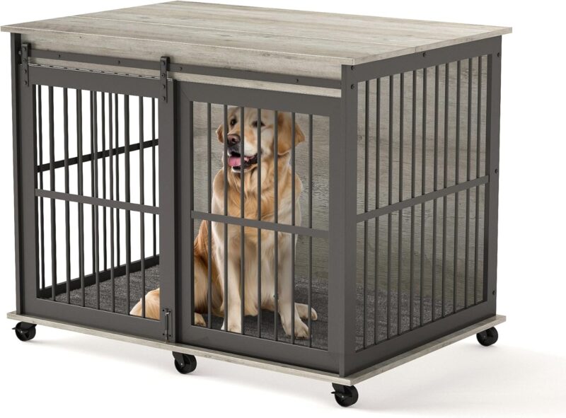 43.7'' Dog Crate Furniture with Cushion for Medium to Large Pets, Wooden Cage End Table, Heavy Duty Indoor Puppy Kennel with Flip-up Top and Sliding Door, Grey