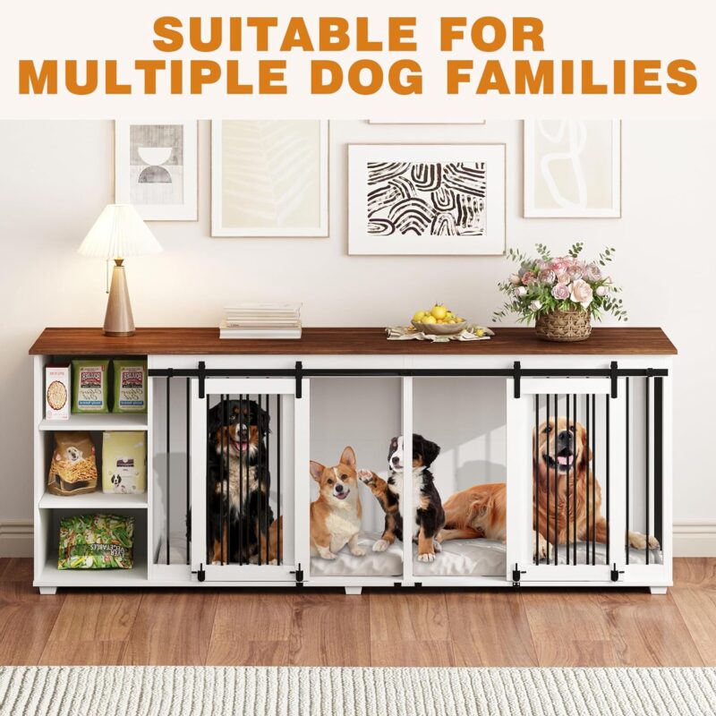 Large Double Dog Crate Furniture, 86.6" Wooden Dog Crate Kennel Furniture with Sliding Door, Storage Shelves and Divider, XXL Dog Crates Furniture for 2 Medium or Large Dogs Indoor, White - Image 6