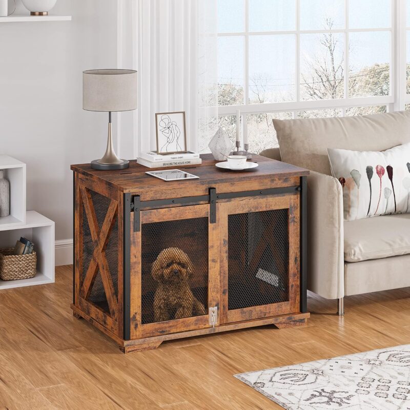 IDEALHOUSE 37'' Sliding Barn Door Dog Crate Furniture with Flip Top and Movable Divider, Wooden Dog Crate Table, Dog Kennel Side End Table, Rustic Brown - Image 8