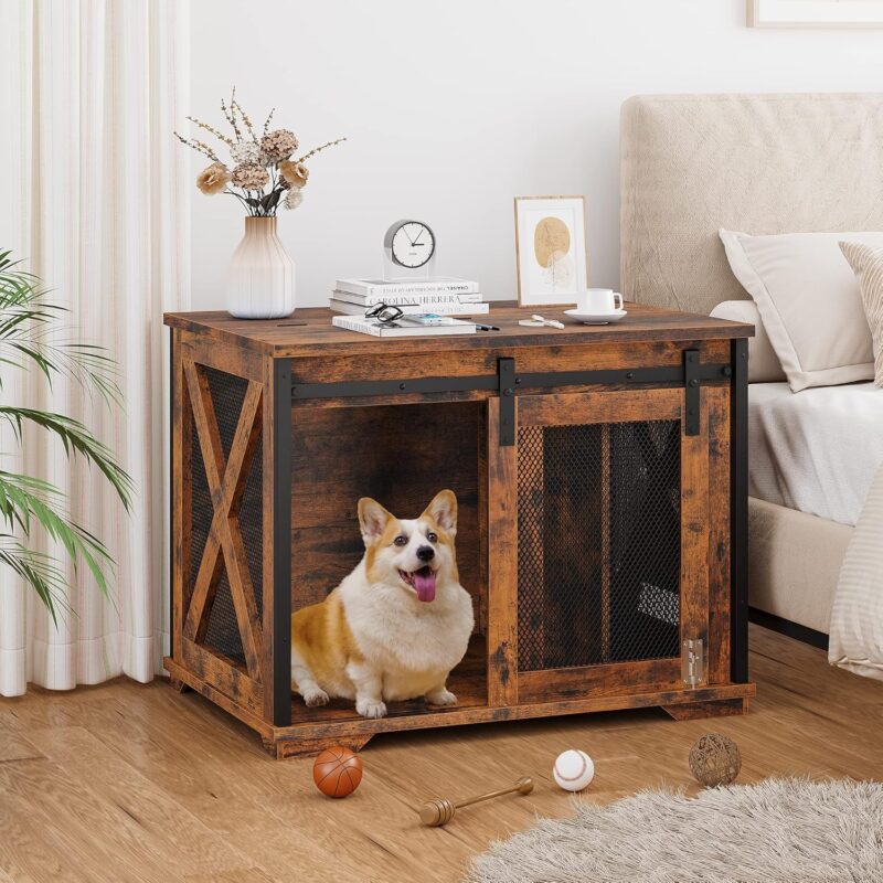 IDEALHOUSE 37'' Sliding Barn Door Dog Crate Furniture with Flip Top and Movable Divider, Wooden Dog Crate Table, Dog Kennel Side End Table, Rustic Brown - Image 2