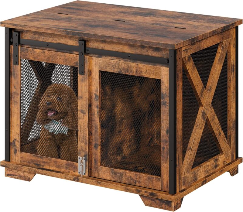 IDEALHOUSE 37'' Sliding Barn Door Dog Crate Furniture with Flip Top and Movable Divider, Wooden Dog Crate Table, Dog Kennel Side End Table, Rustic Brown - Image 7