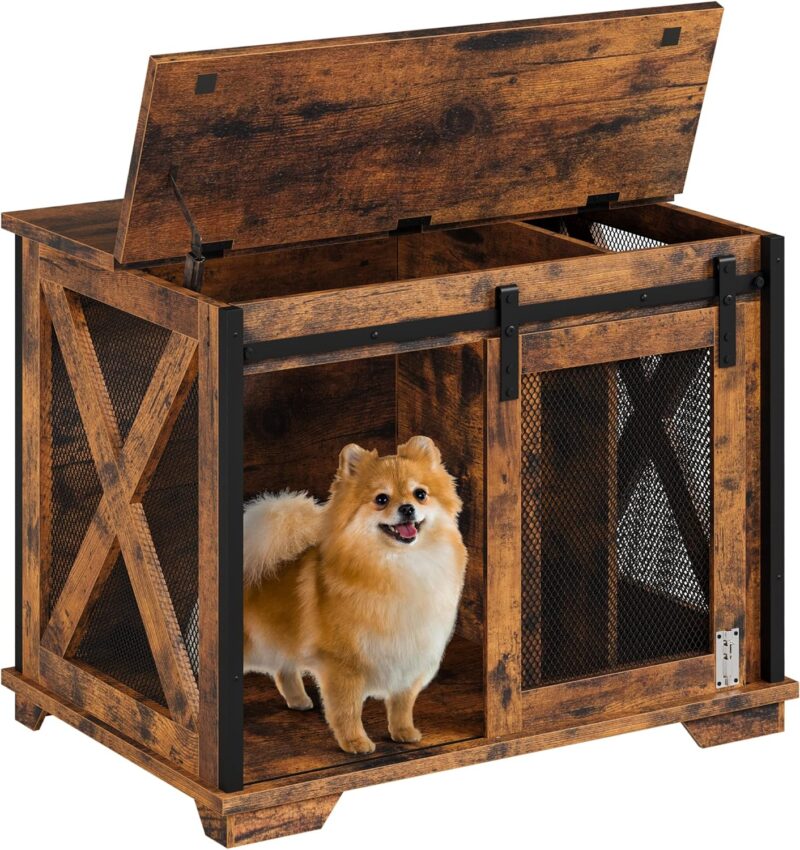 IDEALHOUSE 37'' Sliding Barn Door Dog Crate Furniture with Flip Top and Movable Divider, Wooden Dog Crate Table, Dog Kennel Side End Table, Rustic Brown