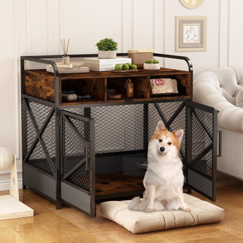 Dog Crate Furniture, Wooden Dog Crate Table with Double Doors, Decorative Indoor Dog House, Rustic Brown