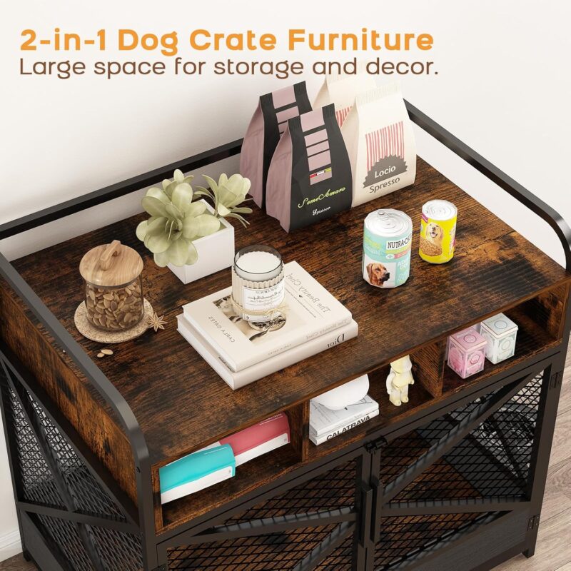 Dog Crate Furniture, Wooden Dog Crate Table with Double Doors, Decorative Indoor Dog House, Rustic Brown - Image 6