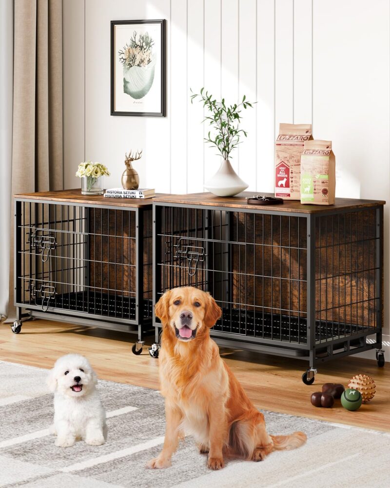 Dog Crate Furniture, 27.2" Double-Doors Dog Kennel Indoor with Removable Tray and Wheels, Wooden Dog Crates for Small Dogs, Dog Kennel Furniture, Decorative Dog Cage End Table, Rustic Brown