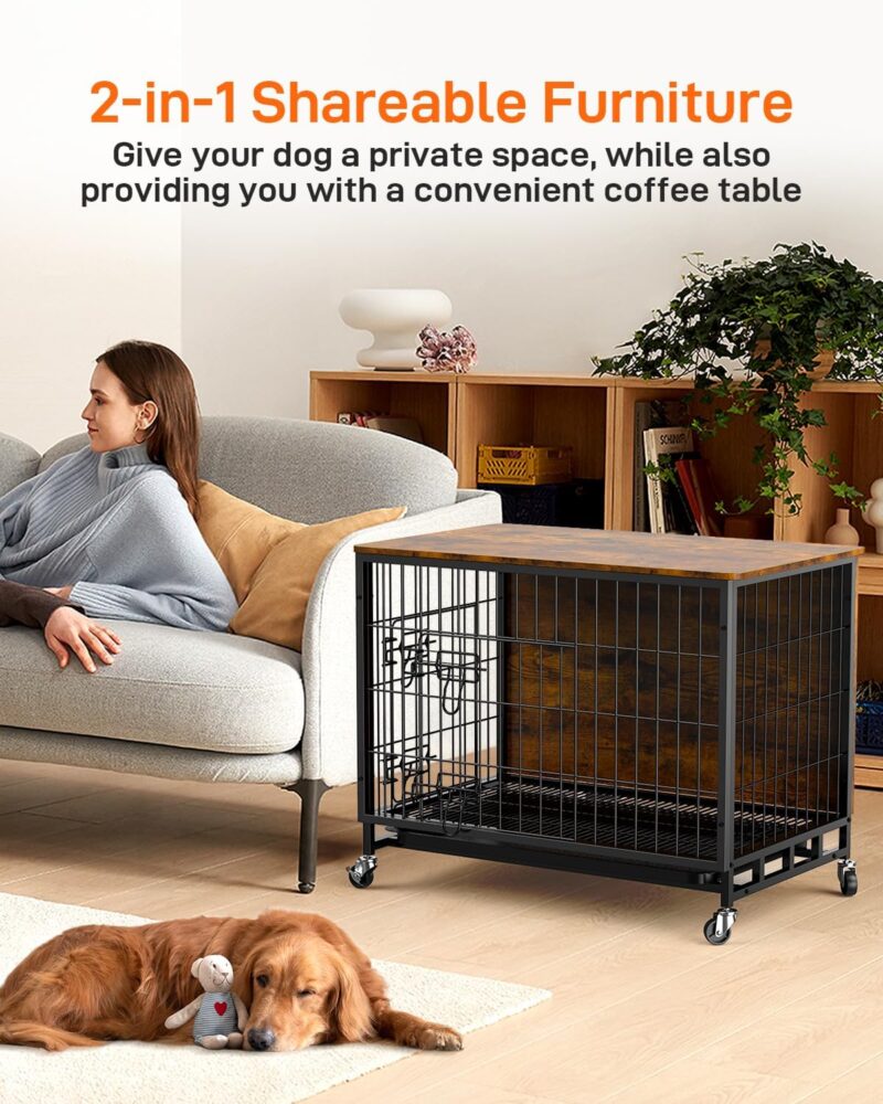 Dog Crate Furniture, 27.2" Double-Doors Dog Kennel Indoor with Removable Tray and Wheels, Wooden Dog Crates for Small Dogs, Dog Kennel Furniture, Decorative Dog Cage End Table, Rustic Brown - Image 2