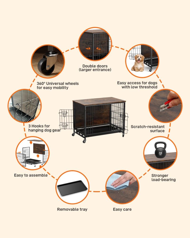 Dog Crate Furniture, 27.2" Double-Doors Dog Kennel Indoor with Removable Tray and Wheels, Wooden Dog Crates for Small Dogs, Dog Kennel Furniture, Decorative Dog Cage End Table, Rustic Brown - Image 4