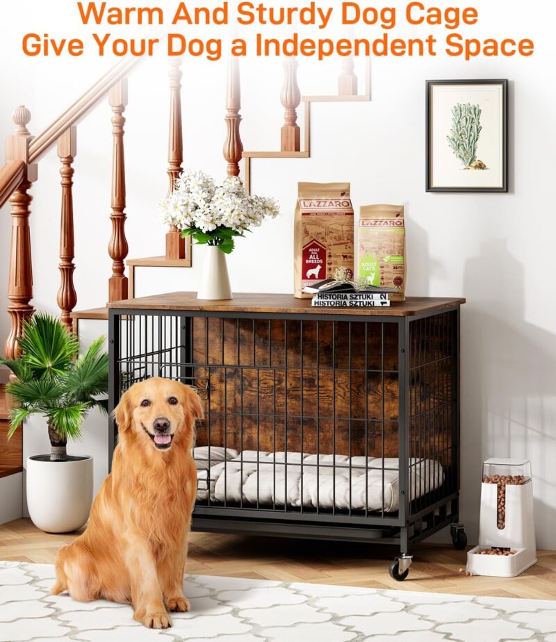 Dog Crate Furniture, 27.2" Double-Doors Dog Kennel Indoor with Removable Tray and Wheels, Wooden Dog Crates for Small Dogs, Dog Kennel Furniture, Decorative Dog Cage End Table, Rustic Brown - Image 5