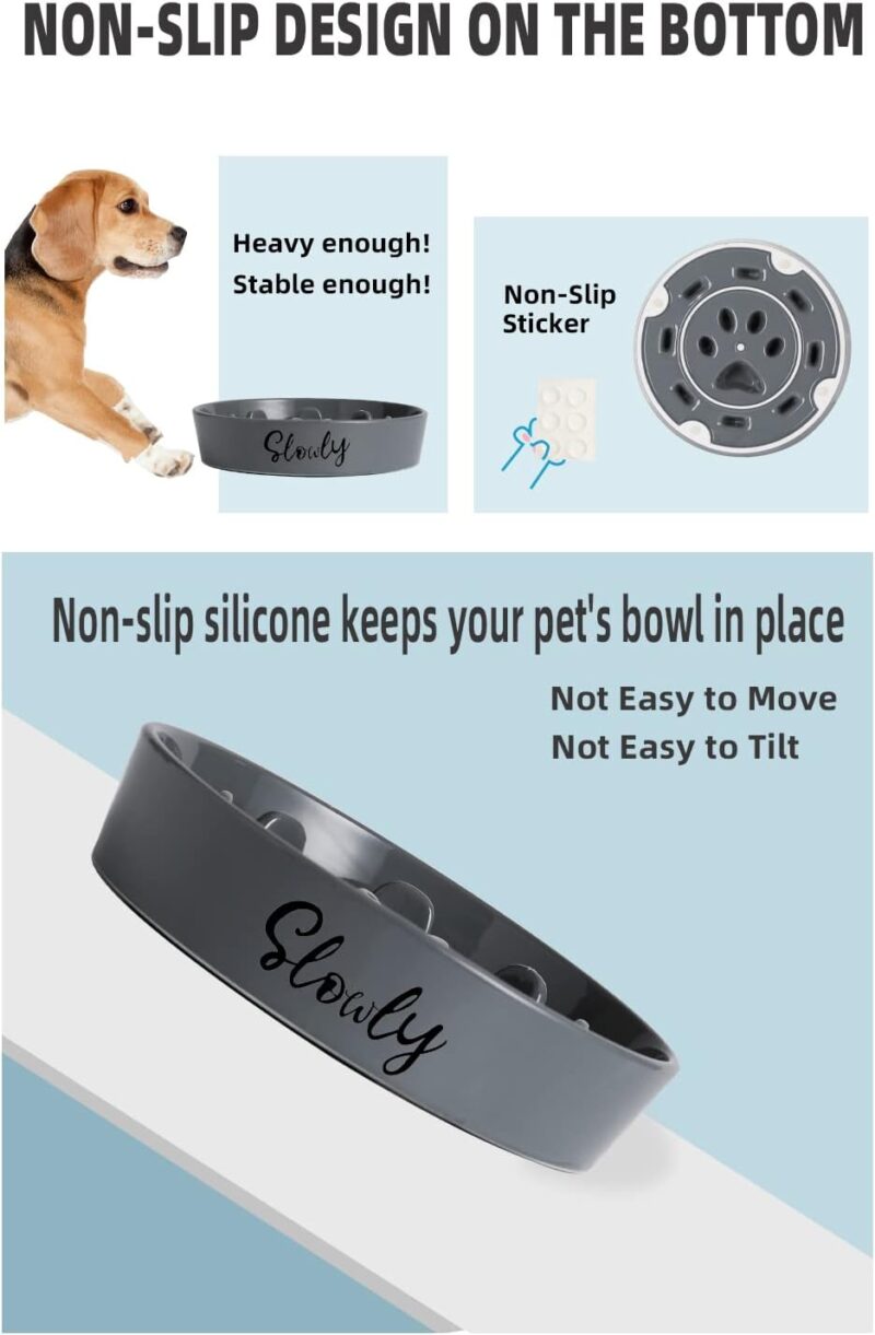 Slow Feeder Dog Bowls, Farmhouse Ceramic Fun Slow Eater Bowl for Small Medium Breed, Grey - Image 3