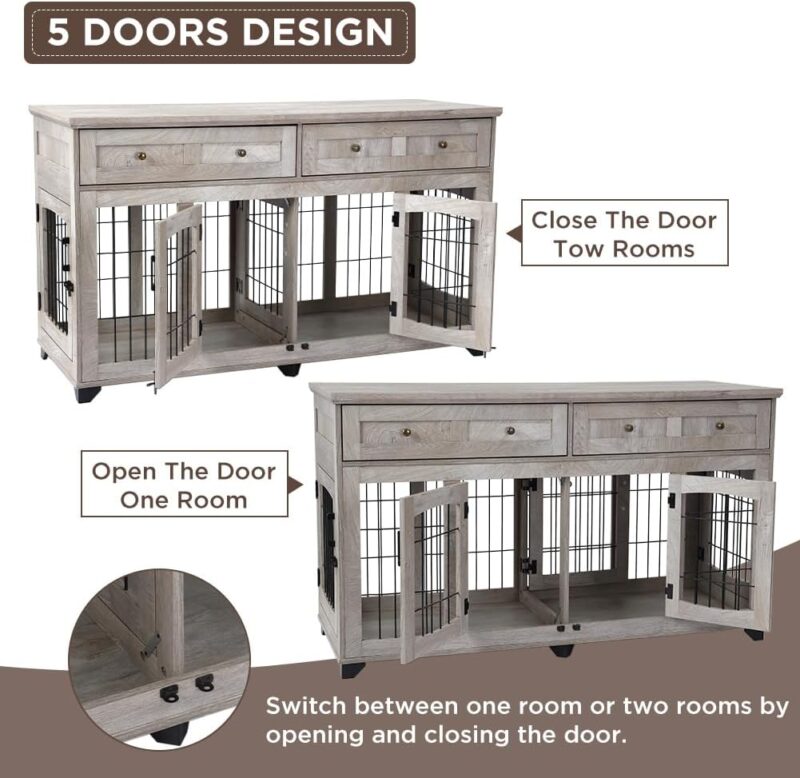 Dog Crate Furniture with Drawer,5 Doors Wooden Dog Kennel End Table with Large Capacity Drawers,Dog House with Openable Divider for Small/Medium/Large Dog,Dog Cage,Side End Table Grey - Image 5