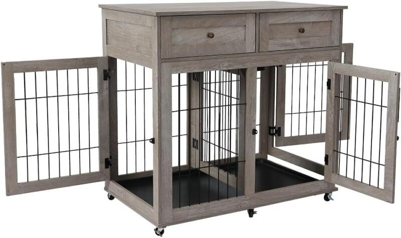 Dog Crate Furniture with Drawers,2 Rooms Dog Kennel Crate with 360°Rotatable Wheels,Dog Crate End Table with Tray,Double Dog Cage Dog House Indoor Rustic Grey - Image 4