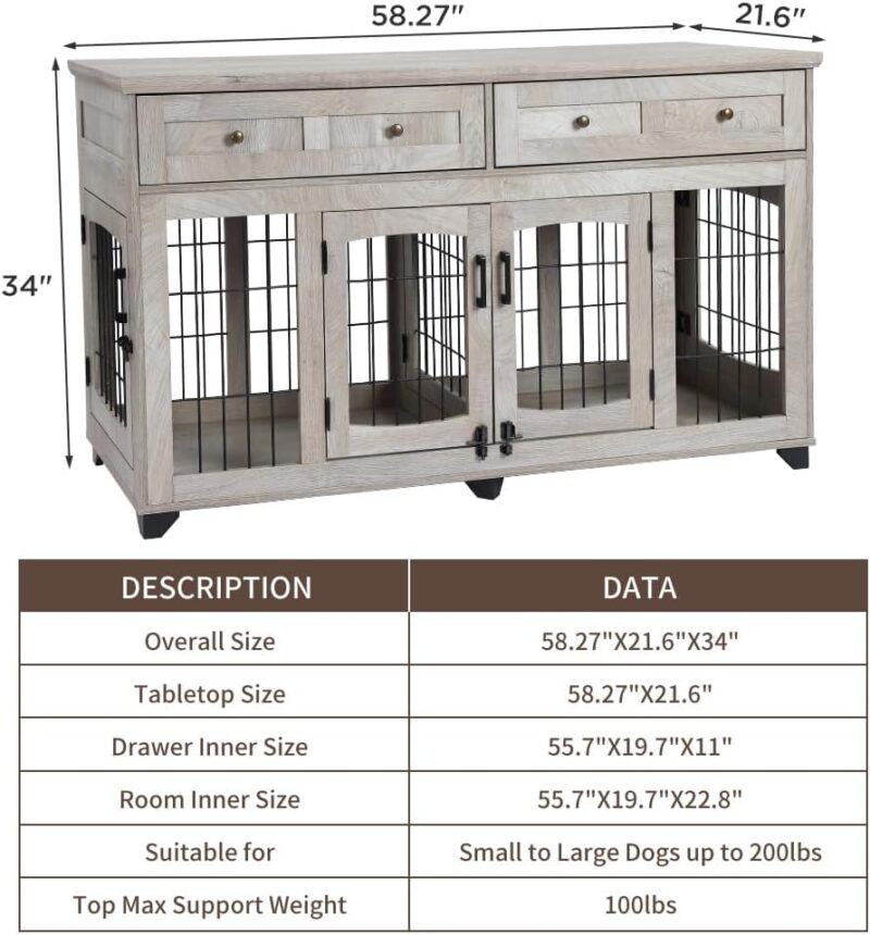 Dog Crate Furniture with Drawer,5 Doors Wooden Dog Kennel End Table with Large Capacity Drawers,Dog House with Openable Divider for Small/Medium/Large Dog,Dog Cage,Side End Table Grey - Image 6