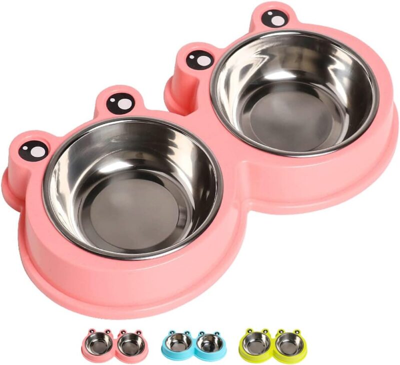 Skrtuan Stainless Steel Pet Bowls, Double Food & Water Bowls for Dogs, Cats & Rabbit, Non-Slip Pet Feeder with Cute Modeling, BPA Free, Dishwasher Safe