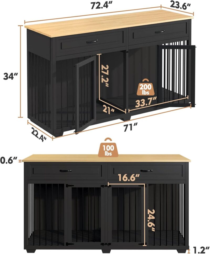 Dog Crate Furniture, 72.4” Wooden Dog Kennel, Modern Decorative Dog Crate End Table, Dog House with Double Doors, Drawers, Divider, Indoor Dog Cage for Large Medium Dogs, Black - Image 3