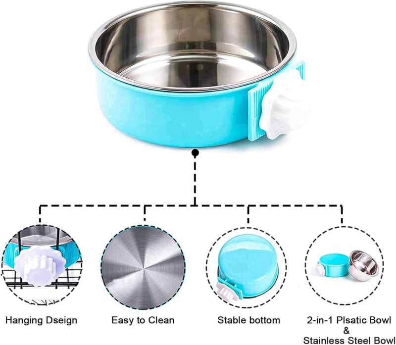 HERCOCCI Dog Crate Bowl, Removable Stainless Steel Pet Kennel Cage Hanging Food Bowls and Water Feeder Coop Cup Prevent Overflow for Puppy, Medium Dog, Cat, Rabbit, Ferret - Image 2