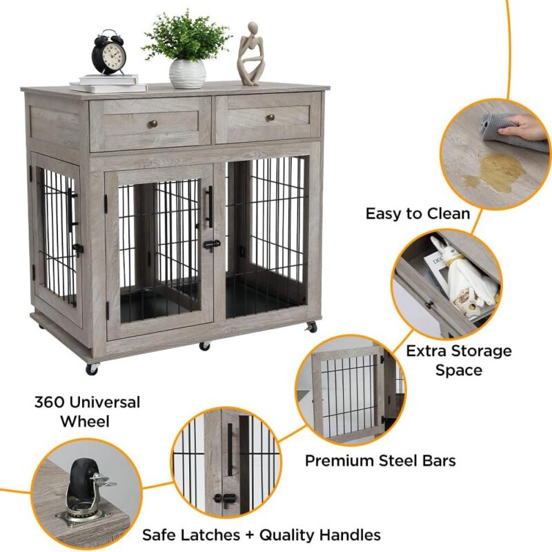 Dog Crate Furniture with Drawers,2 Rooms Dog Kennel Crate with 360°Rotatable Wheels,Dog Crate End Table with Tray,Double Dog Cage Dog House Indoor Rustic Grey - Image 2